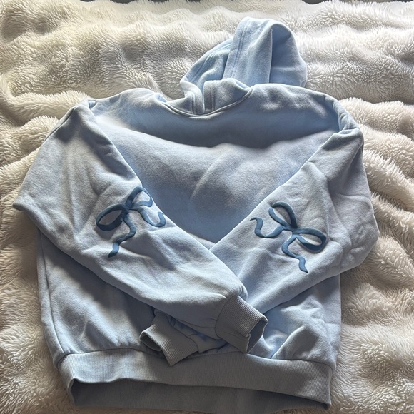 Edikted Sweaters - Edikted Light Blue Hoodie with bow sleeve details